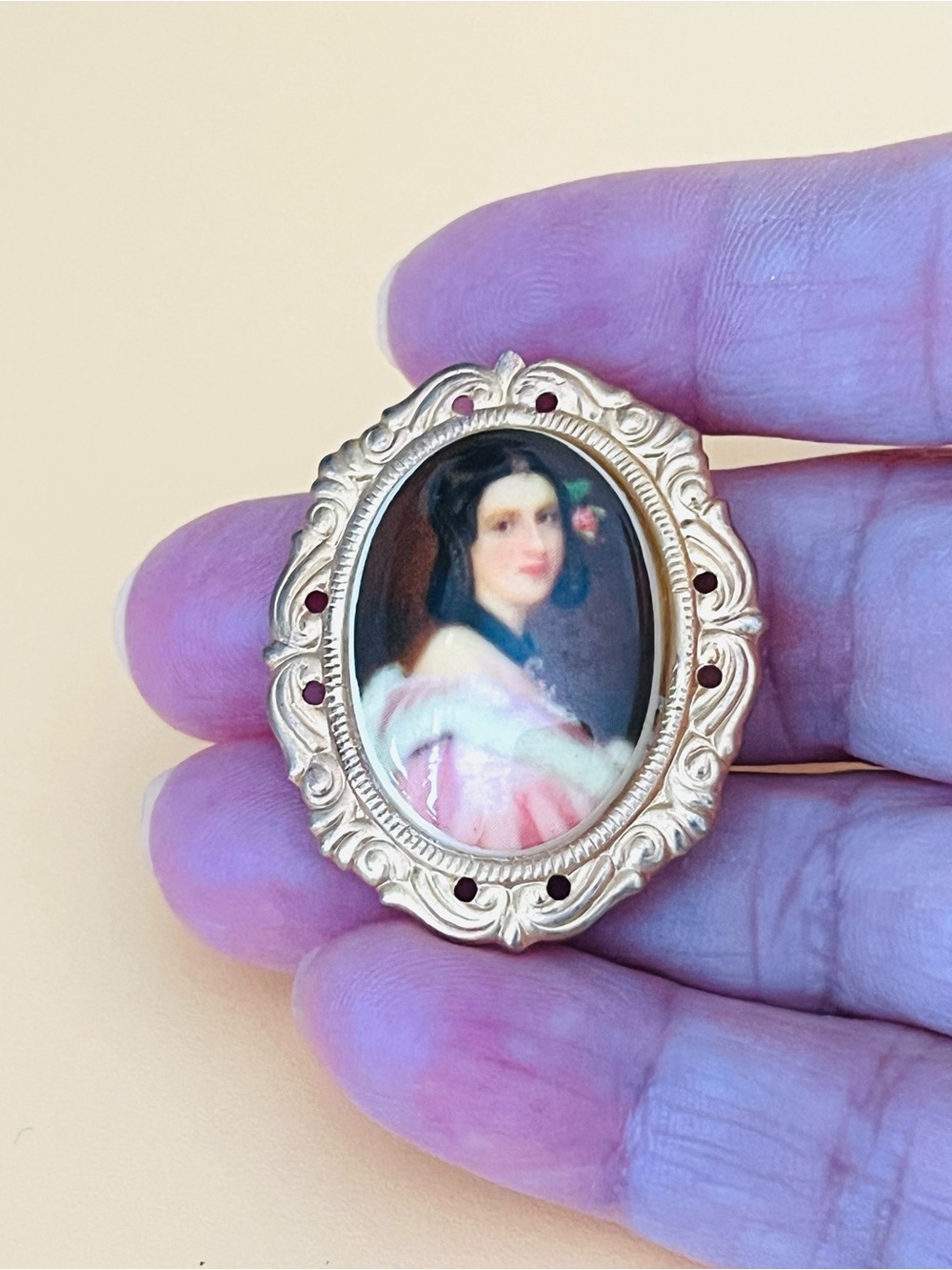 Vintage Portrait Miniature Brooch in Gold-Tone with Pink Accents